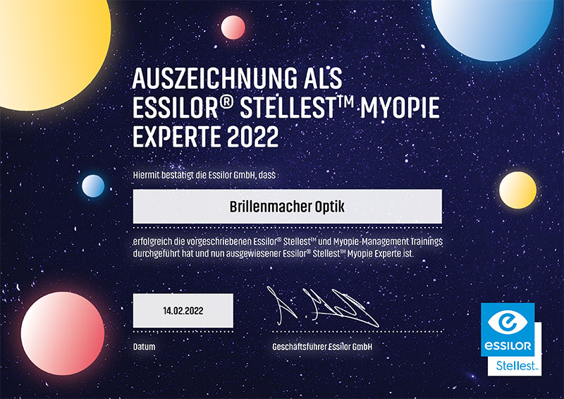 Brillenmacher: Auszeichnung als Essilor Stellest Myopie Experte 2022